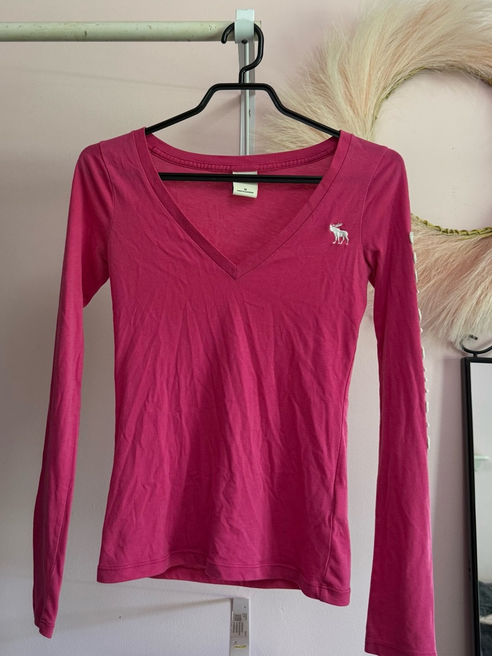 abercrombie kids Long Sleeve V-Neck Top - Hot Pink Y2K 2000s